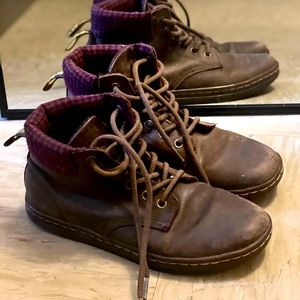 Dr. Martens Brown Leather with Plaid Lace Up Maelly Ankle Boots Size 7